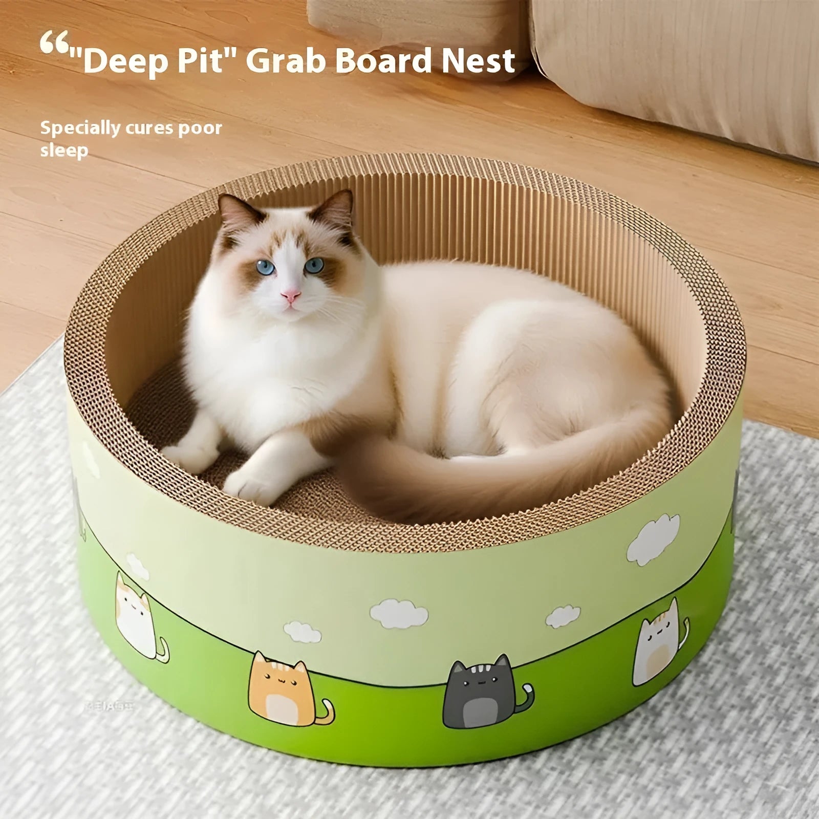 Large round cat scratch board with deep pits, made from brown corrugated paper.