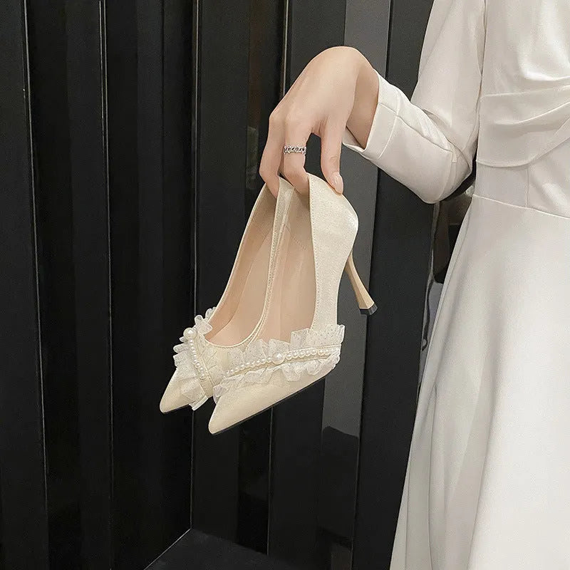 Women's satin stiletto heels in Champagne, pointed toe with lace and beading decorations