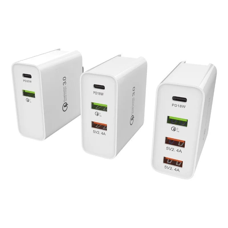 Fast charge mobile phone charger with multiple USB ports in black or white with international plug options