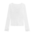 White V-neck Dralon lace stitching brushed long sleeve top for women, slim fit knitted polyester