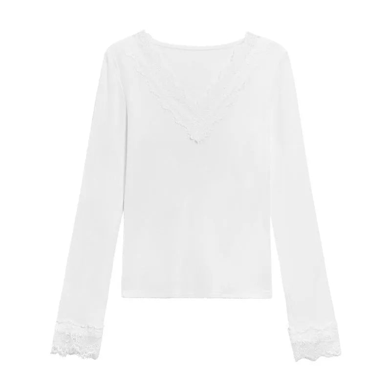 White V-neck Dralon lace stitching brushed long sleeve top for women, slim fit knitted polyester