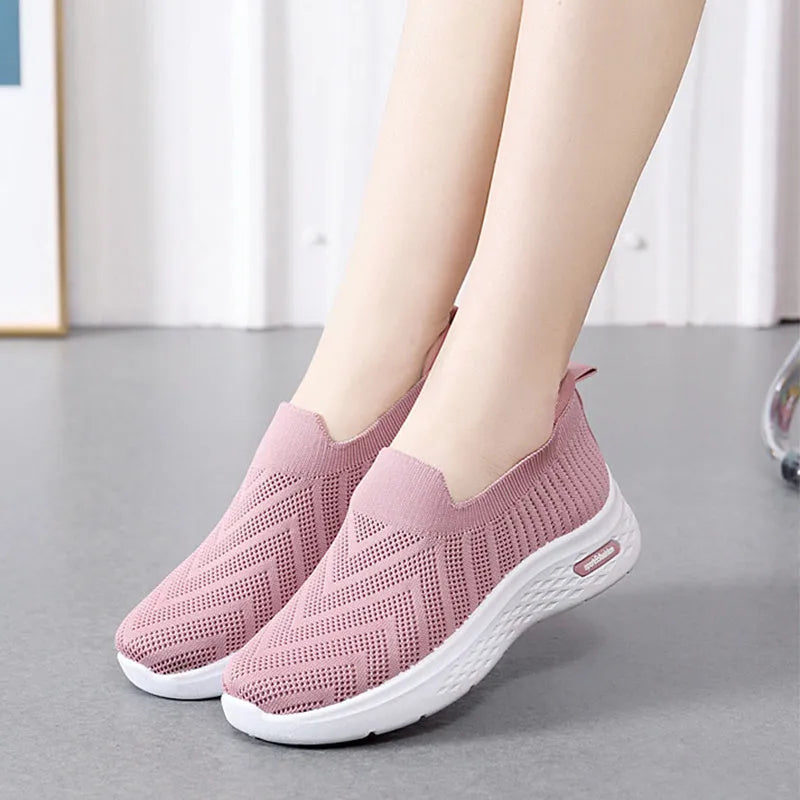 Women's casual mesh slip-on shoes, breathable sock style, soft plastic sole, available in black grey khaki pink