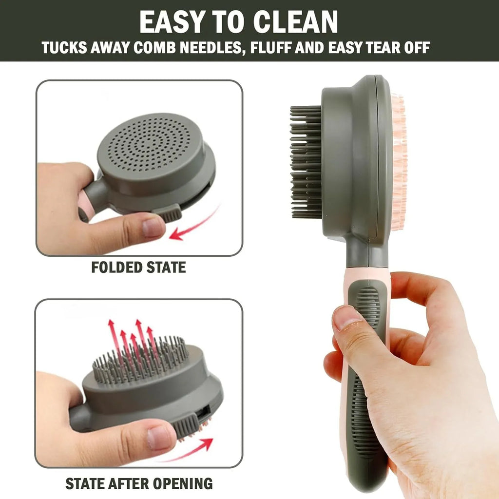 Double-sided pink cat brush with flea comb on reverse side and release button