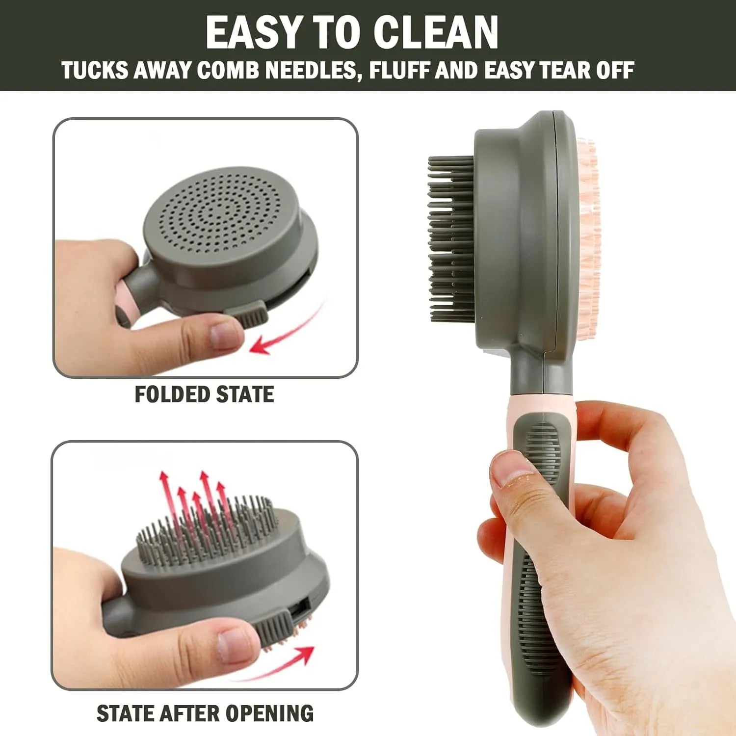 Double-sided pink cat brush with flea comb on reverse side and release button