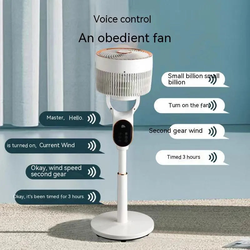 White air circulator fan with lifting column and remote control on a dormitory desk