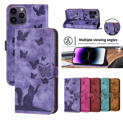 Butterfly cat embossed imitation leather phone case in purple with magnetic bracket for iPhone 14