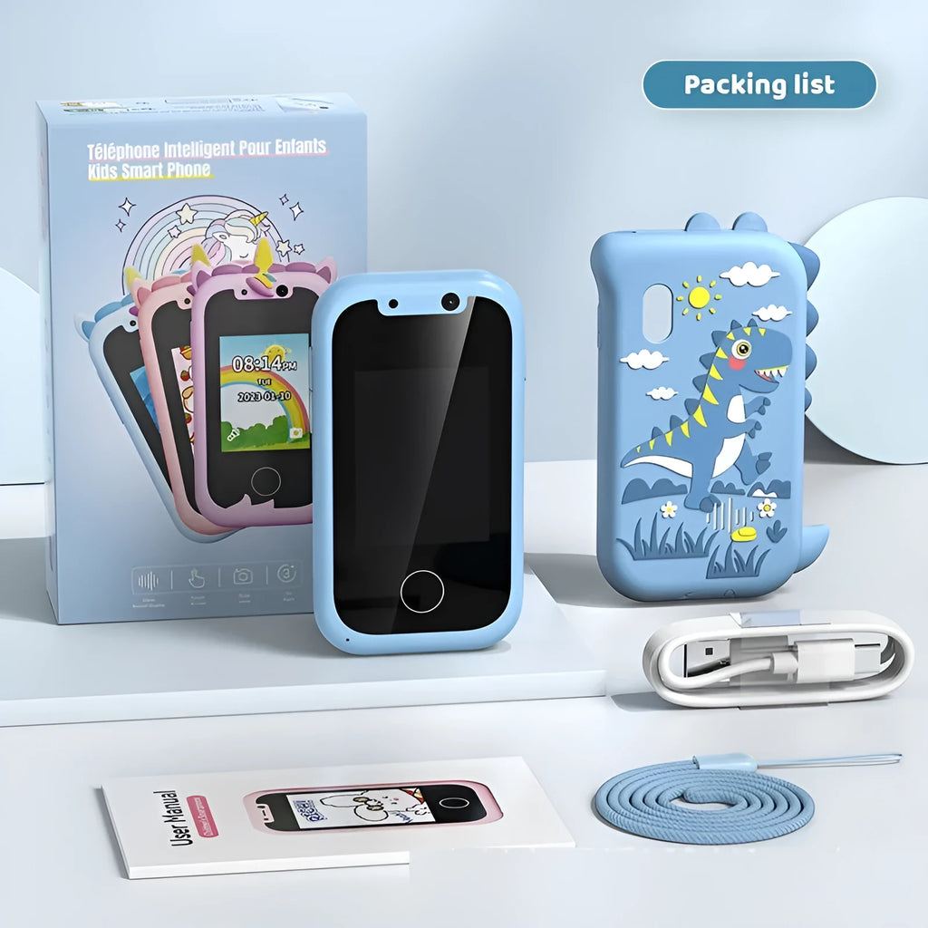 Blue educational toy mobile phone with silicone case showing touch screen and camera functions
