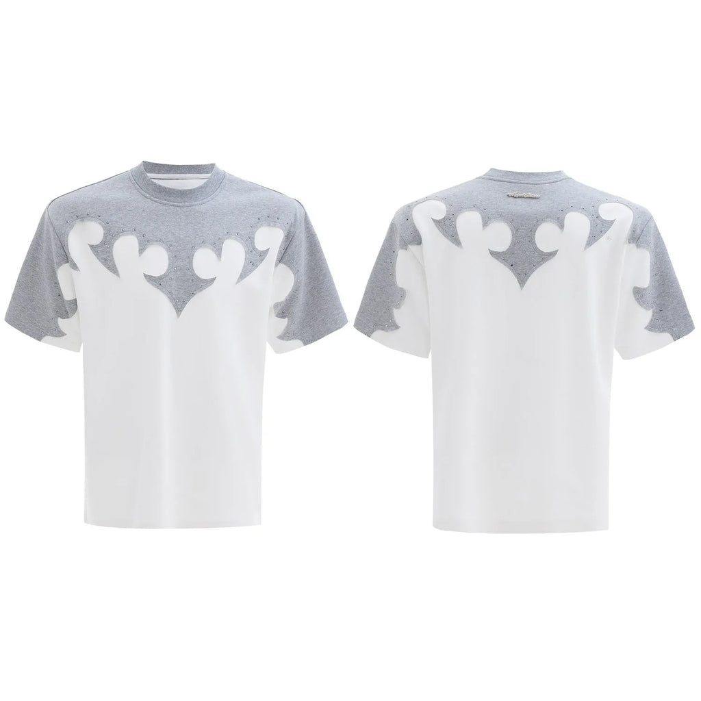 Men's heavy cotton short sleeve round neck T-shirt with three-dimensional stitching and hot rhinestone detailing
