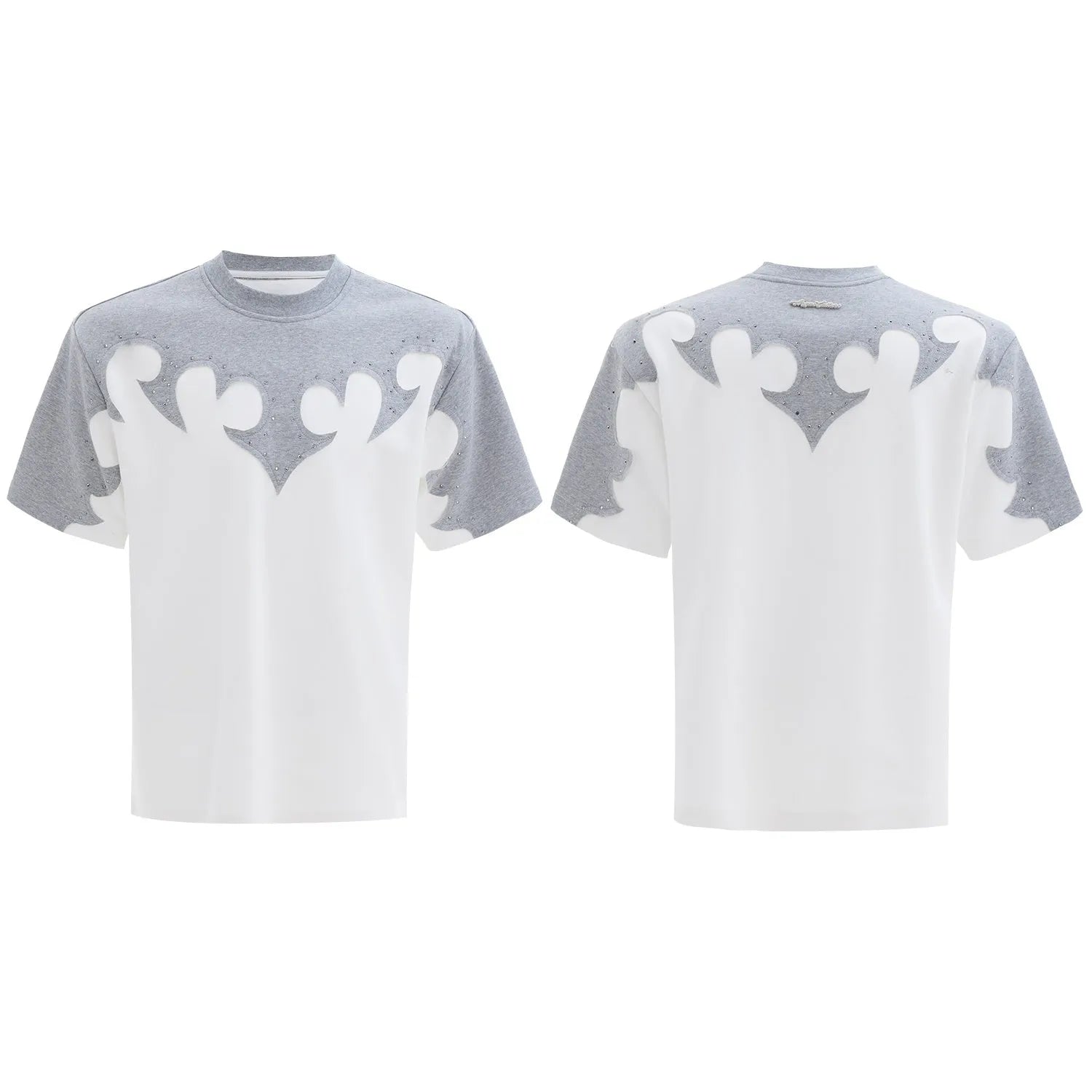Men's loose fit grey cotton t-shirt with a 3D burnt flower rhinestone design on the front.
