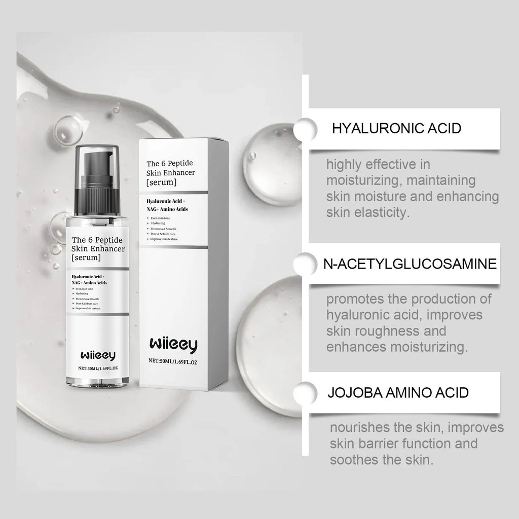 Skin enhancer serum bottle containing 50ml of formula with hyaluronic acid and peptide ingredients