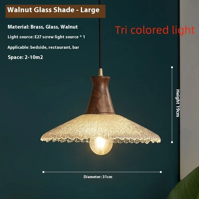Retro simple wood and glass ceiling chandelier with brass finish in small, medium, or large size.