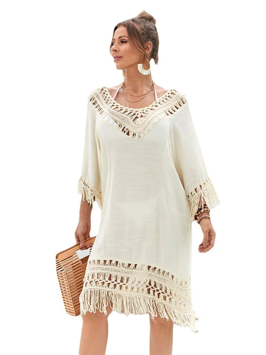 Hand-crocheted apricot beach dress for women with polyester lining for swimming and beach activities