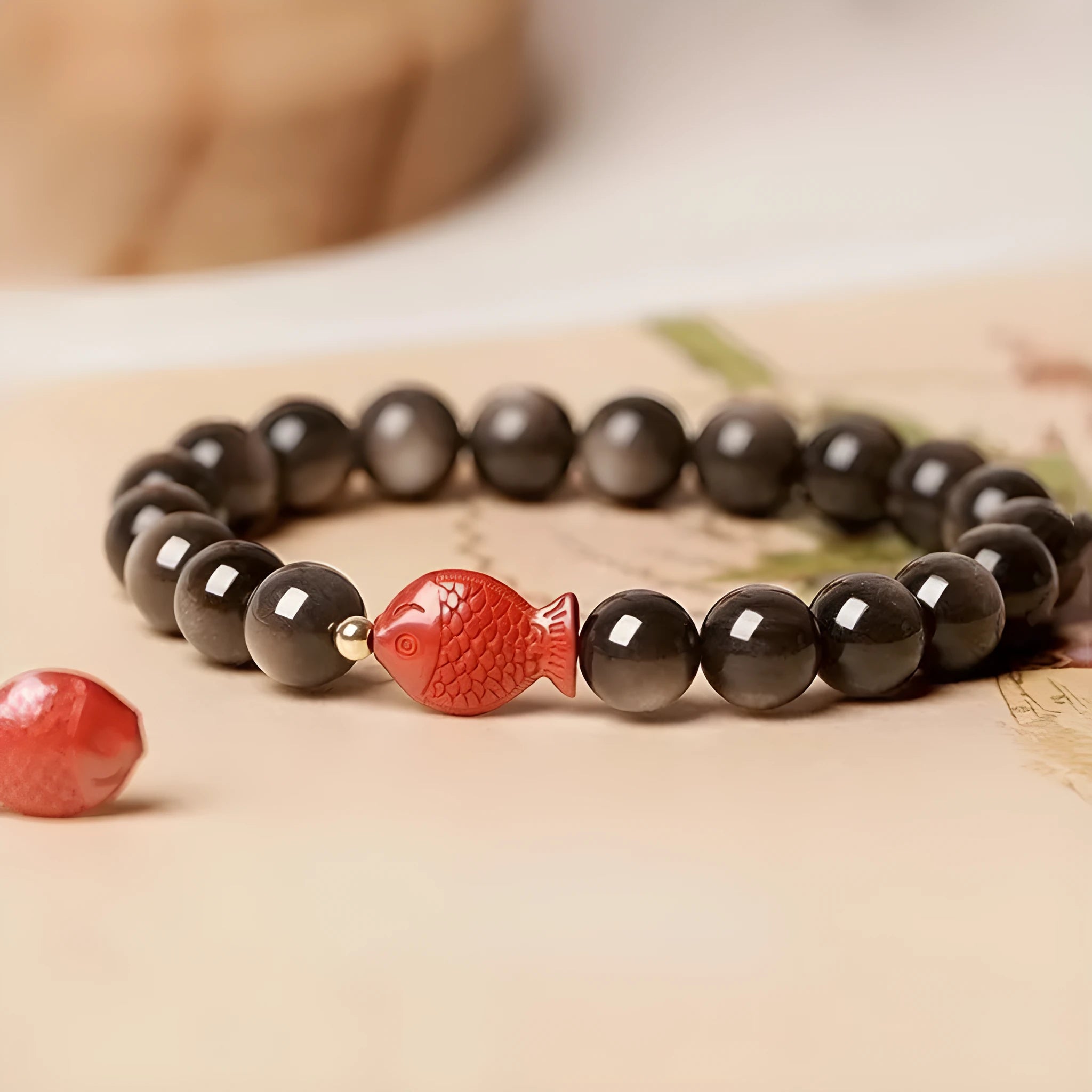Natural obsidian round bead bracelet with cinnabar details in three size options