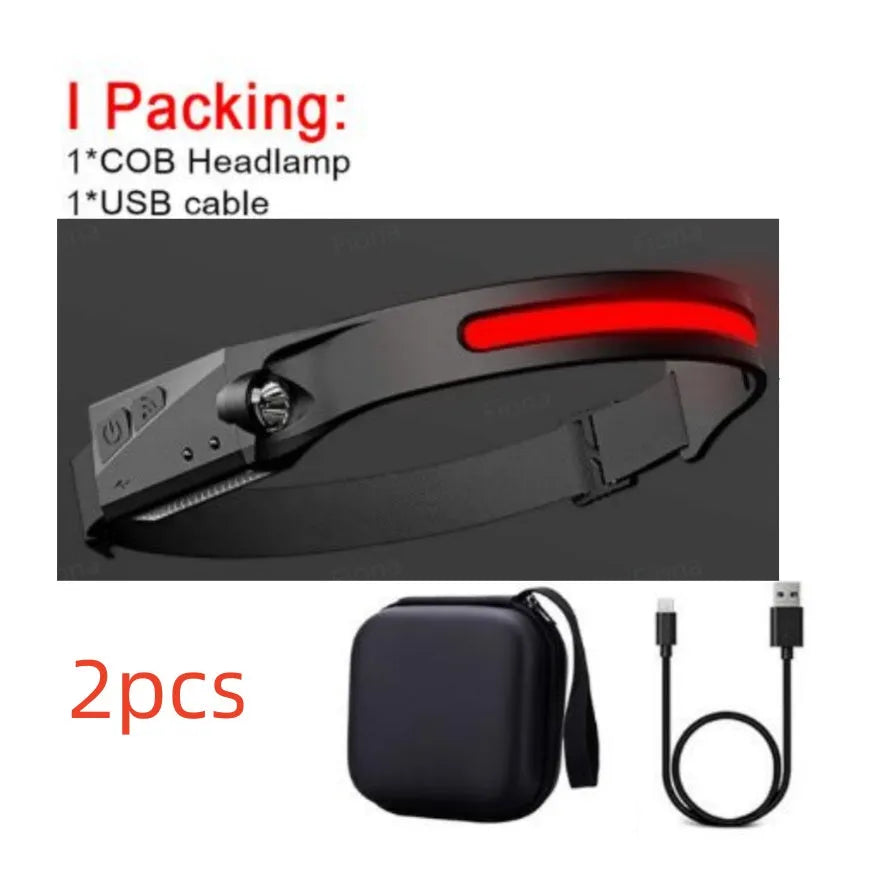 Black silicone USB rechargeable LED headlamp with side wave sensor, showing wide beam and long-range lighting.
