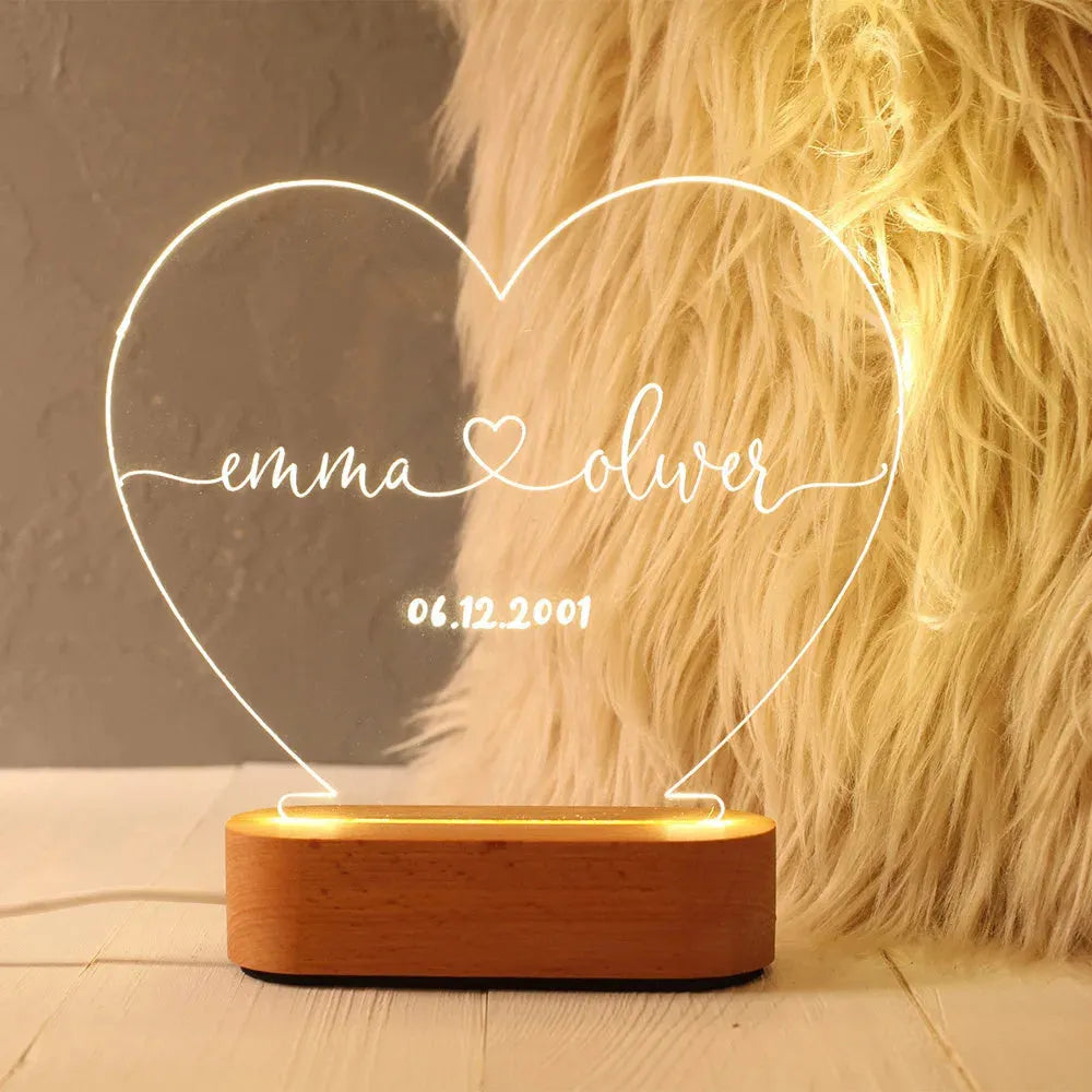 Personalised acrylic night light displaying custom text with USB cable, dimensions 20cm by 11.5cm
