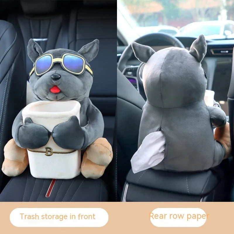 Plush car tissue box hanging on vehicle armrest with character design options