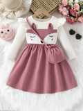 Long sleeve slim fit shy fox cartoon dress in pink and white corduroy for girls