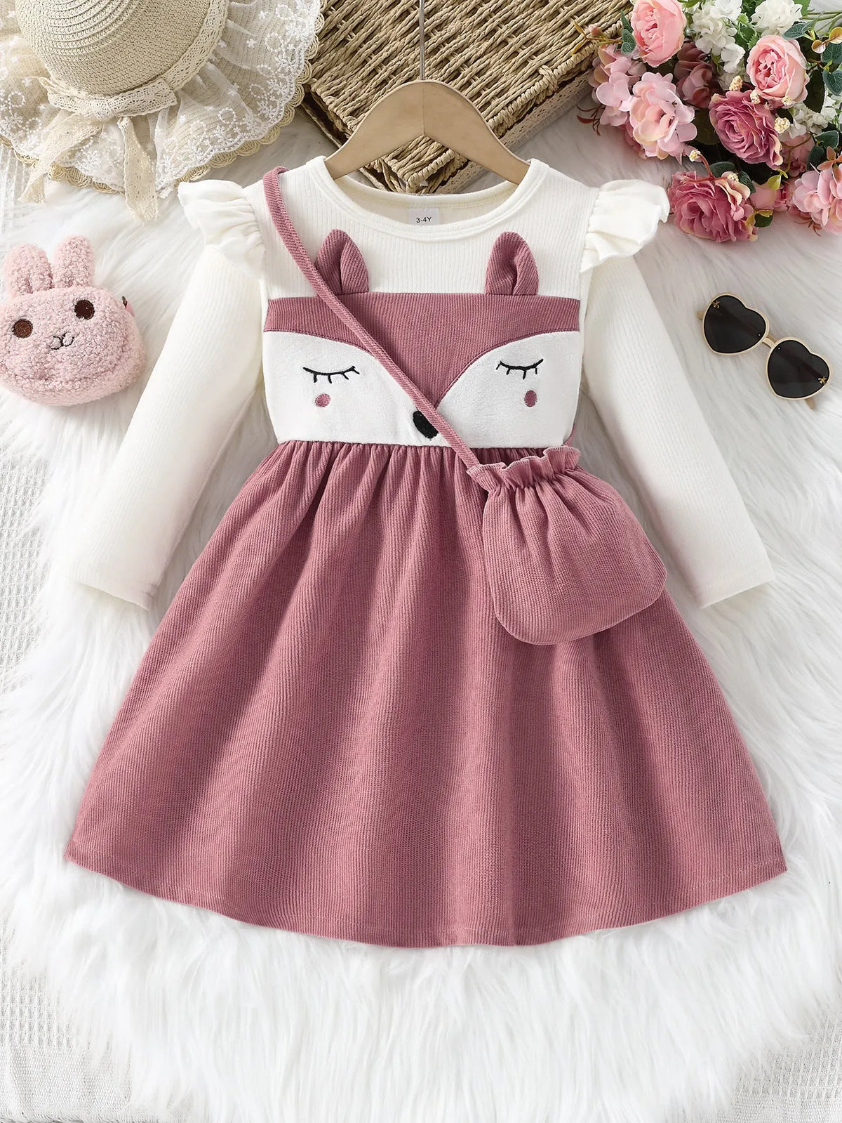Long sleeve slim fit shy fox cartoon dress in pink and white corduroy for girls