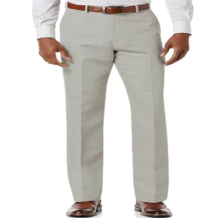 Men's beige white linen-cotton blend casual trousers with slant pockets, laid flat.