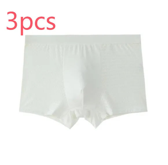 Men's solid colour ice silk modal boxer briefs with U convex design and mid-waist fit.