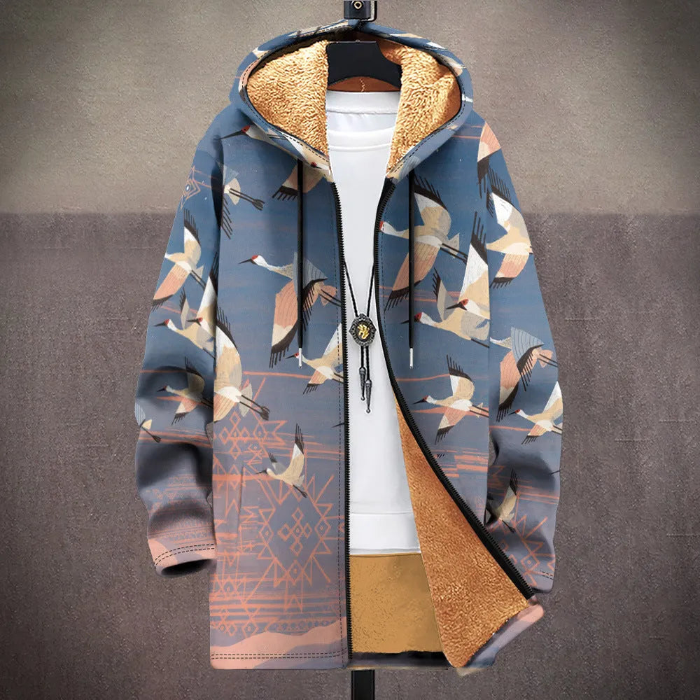 Man wearing a multicolour digitally printed hooded cardigan with a zipper front in a loose fit.
