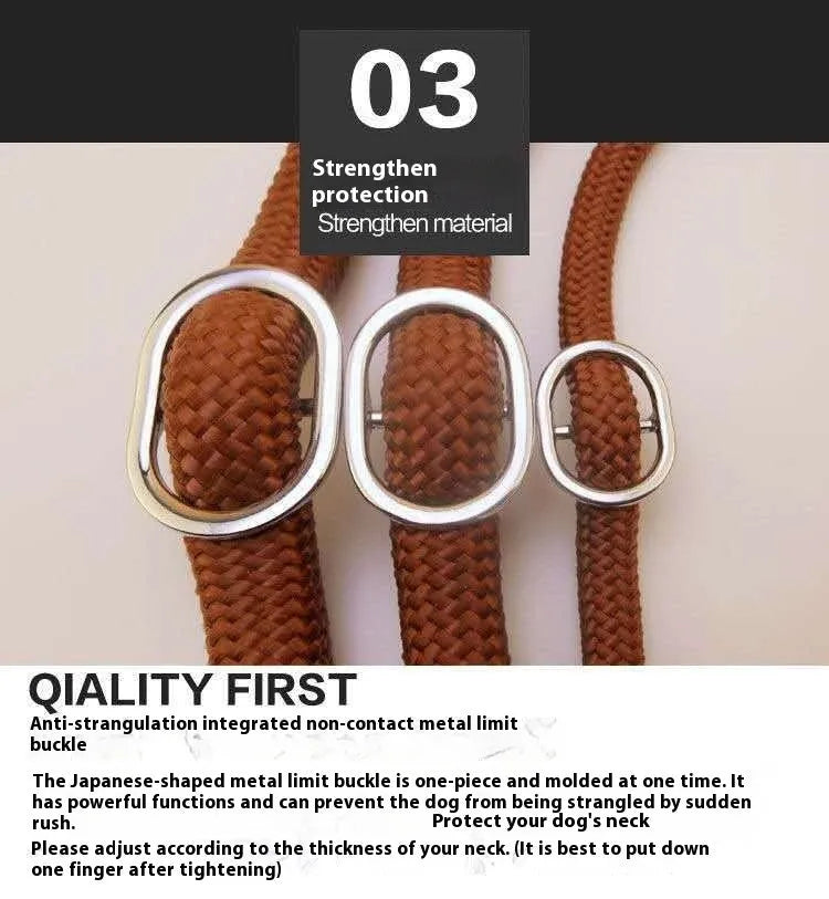 Brown nylon dog leash with a padded hand-holding rope and P chain clip, shown at full 2.1-metre length.