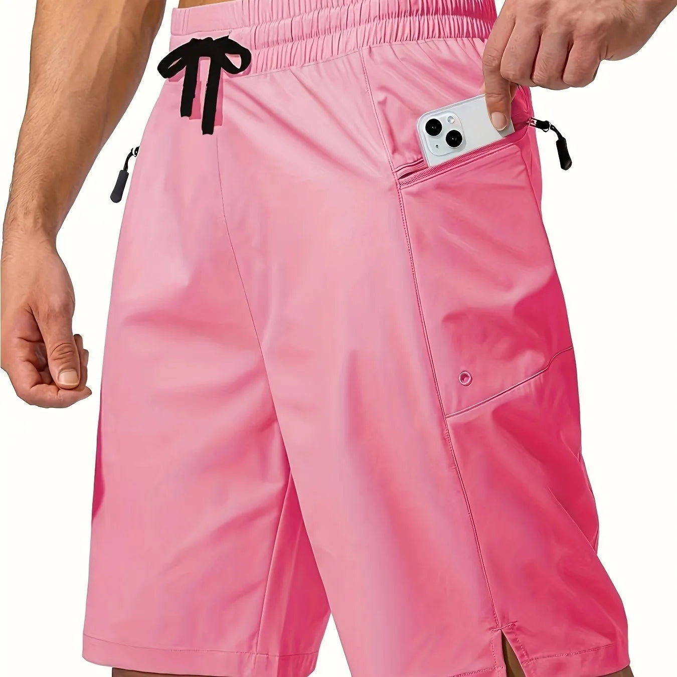 Men's solid colour quick-drying beach shorts in straight-leg polyester fabric