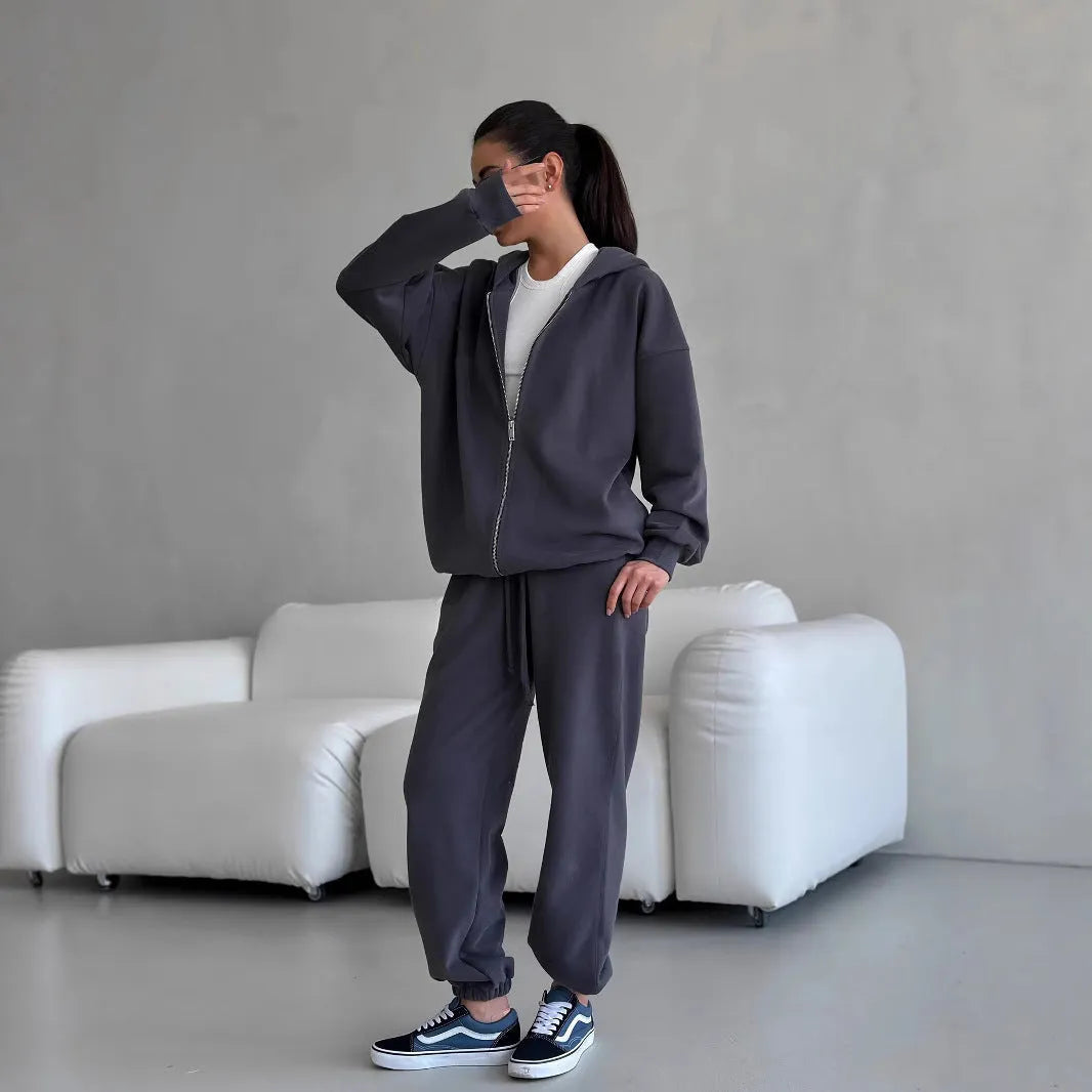 Street style long-sleeved coat and trousers two-piece set in solid colour with loose fit design