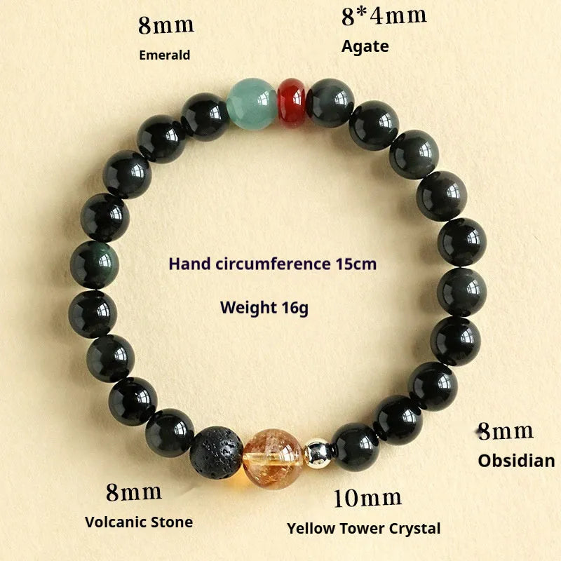 Chinese style couple bracelet with obsidian and agate jade beads in 8mm and 10mm size options.