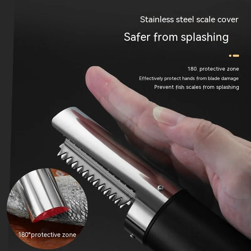 125W handheld electric fish scaler machine in black with charging base and fish scale scraper