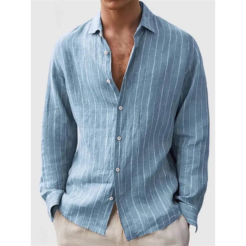 Man wearing a loose-fit striped short-sleeve cardigan-style polyester shirt for casual wear.