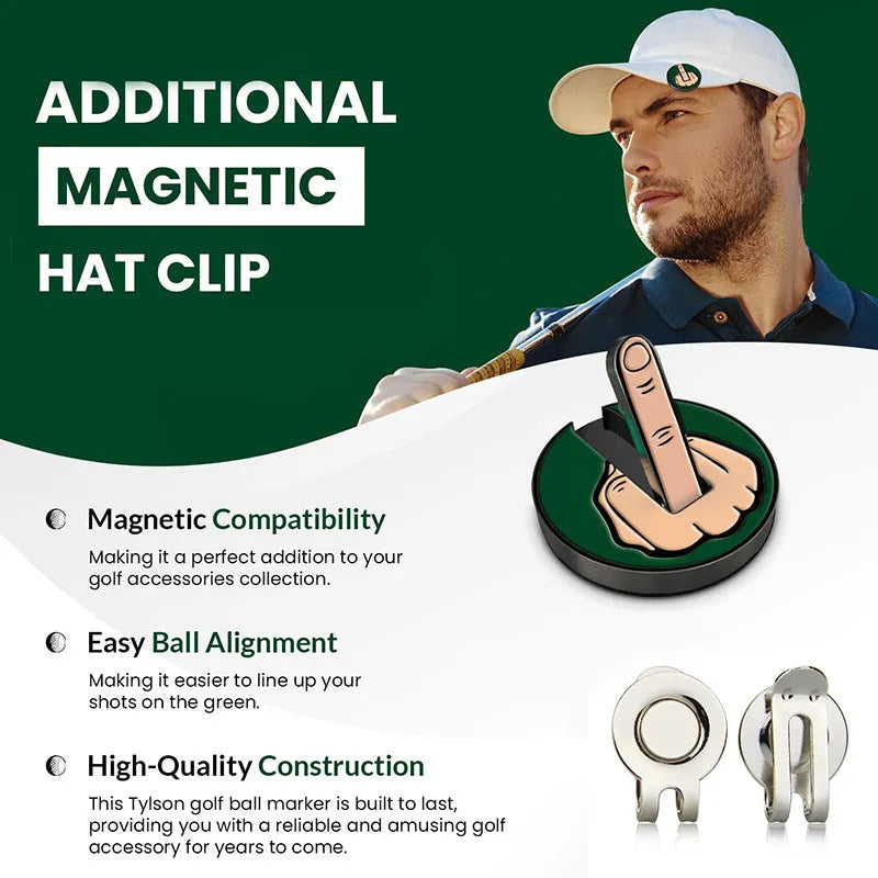 Golf hat clip with 25mm round coin vertical middle finger ballmarker and magnet, iron construction, available in multiple colours