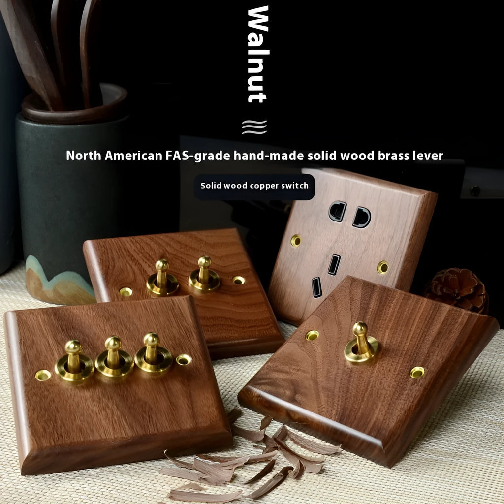 Black walnut solid wood panel brass work driving arm dual control switch socket in walnut colour