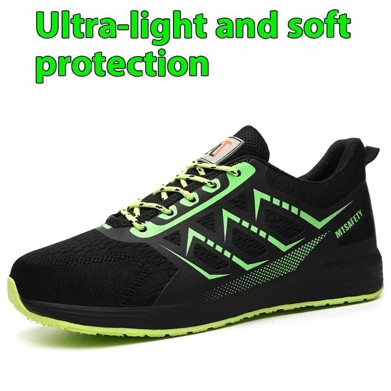 Black ultra-light labour protection shoes with steel toe caps and lace-up front closure