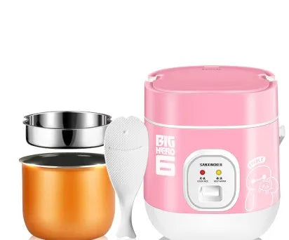 Compact round miniature rice cooker with steaming tray in blue, shown with non-stick liner and mechanical control panel.
