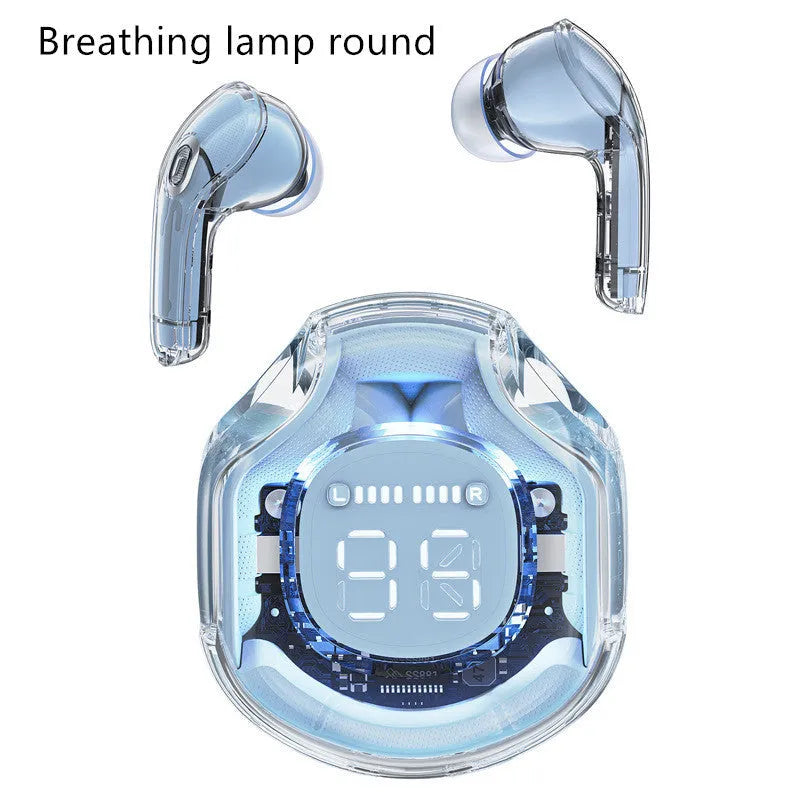 Transparent in-ear warehouse Bluetooth headset shown in various colours with 15-metre wireless range.