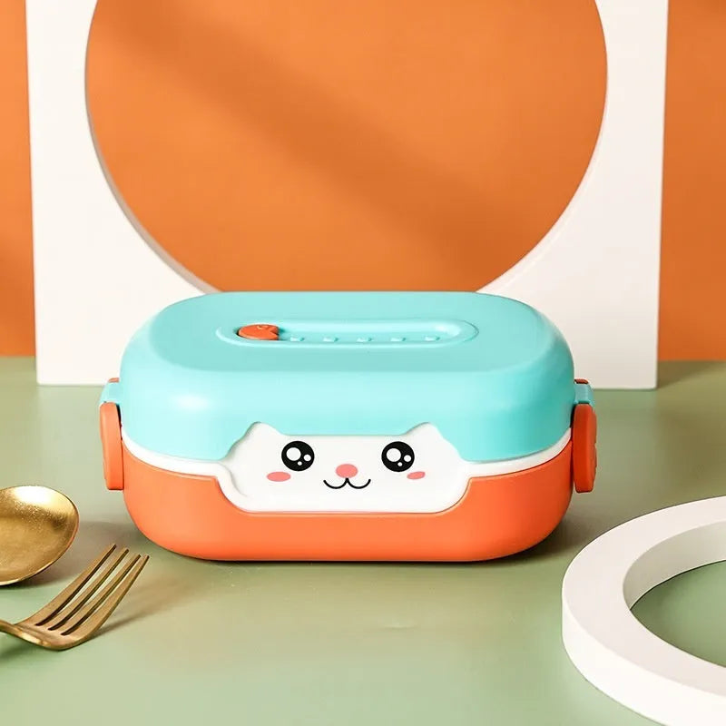 Portable divided plastic lunch box with square shape and cartoon styling in multiple colour options