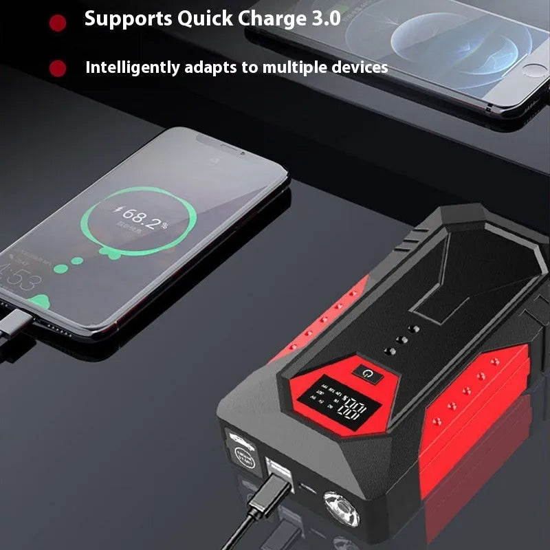 Red 12V car jump starter with battery clamps and 18800mAh capacity for emergency vehicle starting