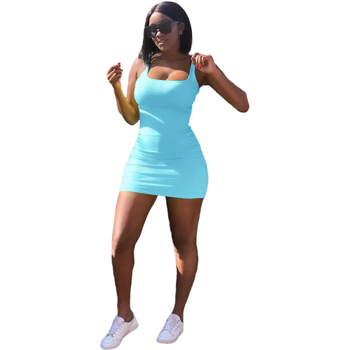 A woman's slim fit casual dress with a sunken stripe pattern, big U-neck, straps, and princess sleeves.