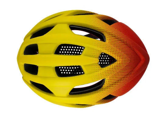 Orange mountain bike helmet showing ventilation holes and in-mould construction