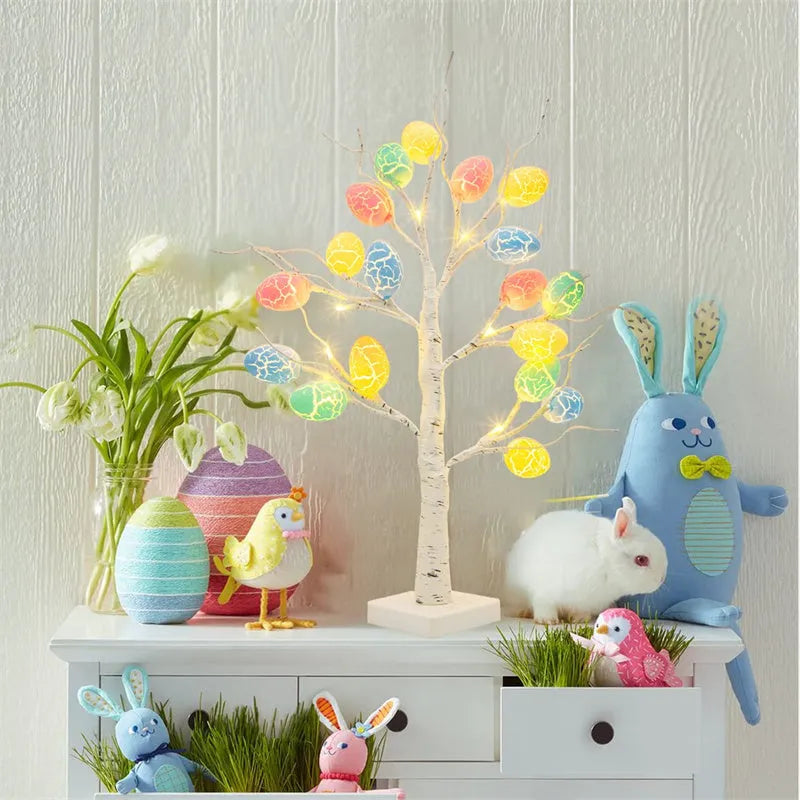 60cm white LED birch tree with black trunk details and warm white cracked egg ornaments on adjustable branches