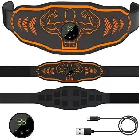 Blue and orange rechargeable EMS smart massage belt with timer and arm stickers.