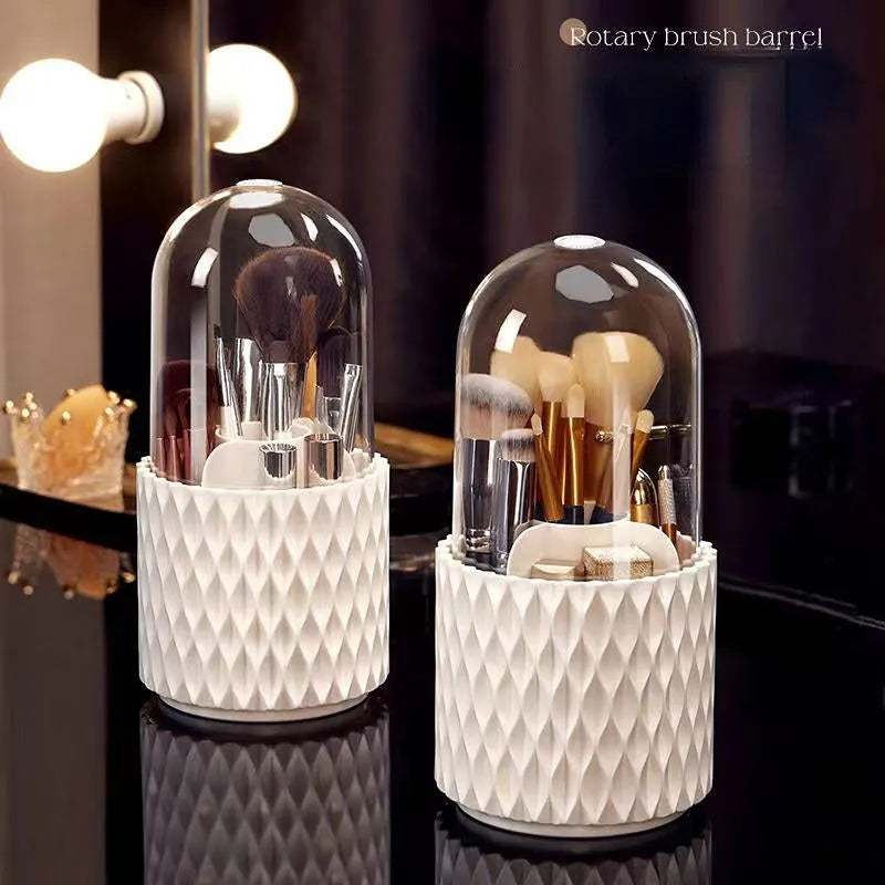 White acrylic makeup brush holder with transparent cover and rotating base for desktop storage