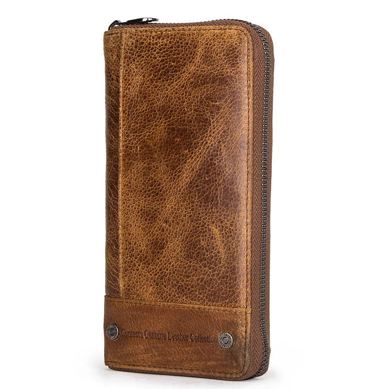 Brown genuine cowhide leather men's long wallet with zipper closure showing anti-theft card compartments