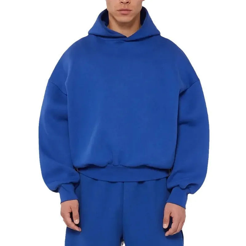 Men's grey fleece-lined cotton hoodie sweater with wool lining, showing pullover design with hood