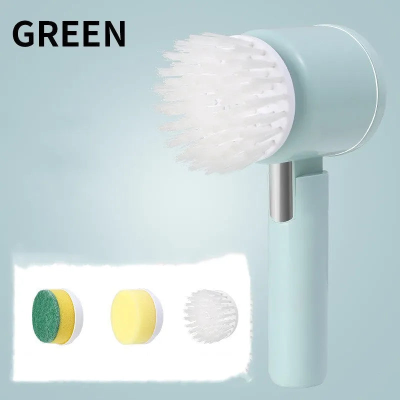 Foldable electric cleaning brush in green with three brush heads and USB charging port