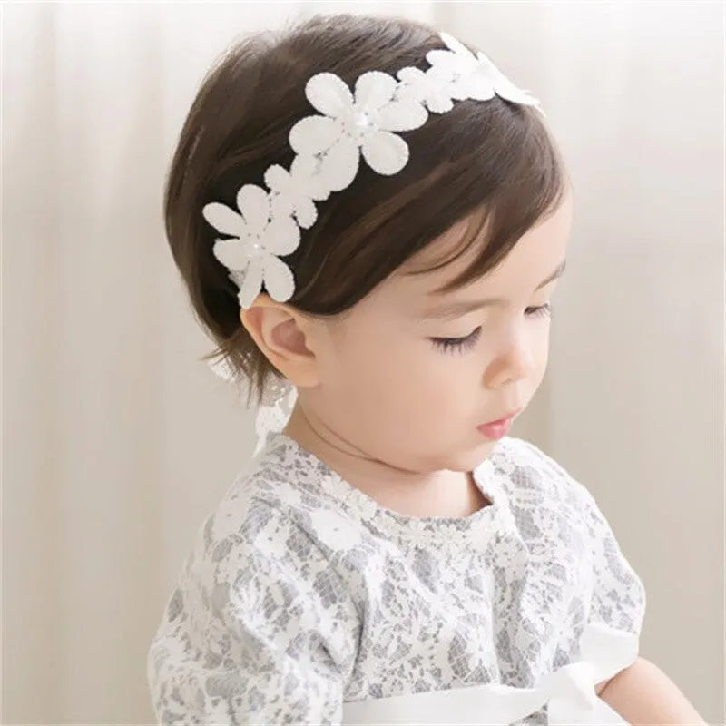 Baby girls headband with double bow-knot and lace floral design in soft cloth material
