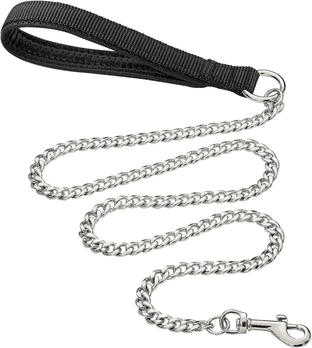 Heavy duty metal dog leash with soft padded handle showing black colour option