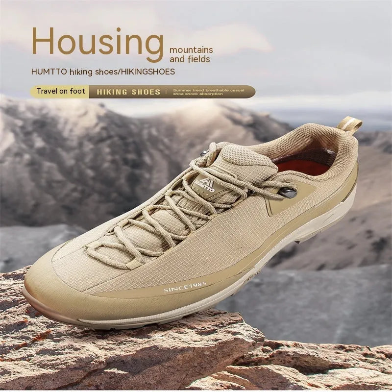 Men's low-top hiking shoes with leather mesh upper and round toe design
