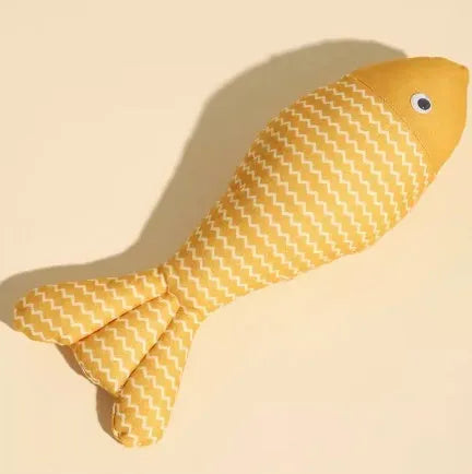 Fish-shaped catnip cat toy in blue with cat playing nearby, available in multiple sizes
